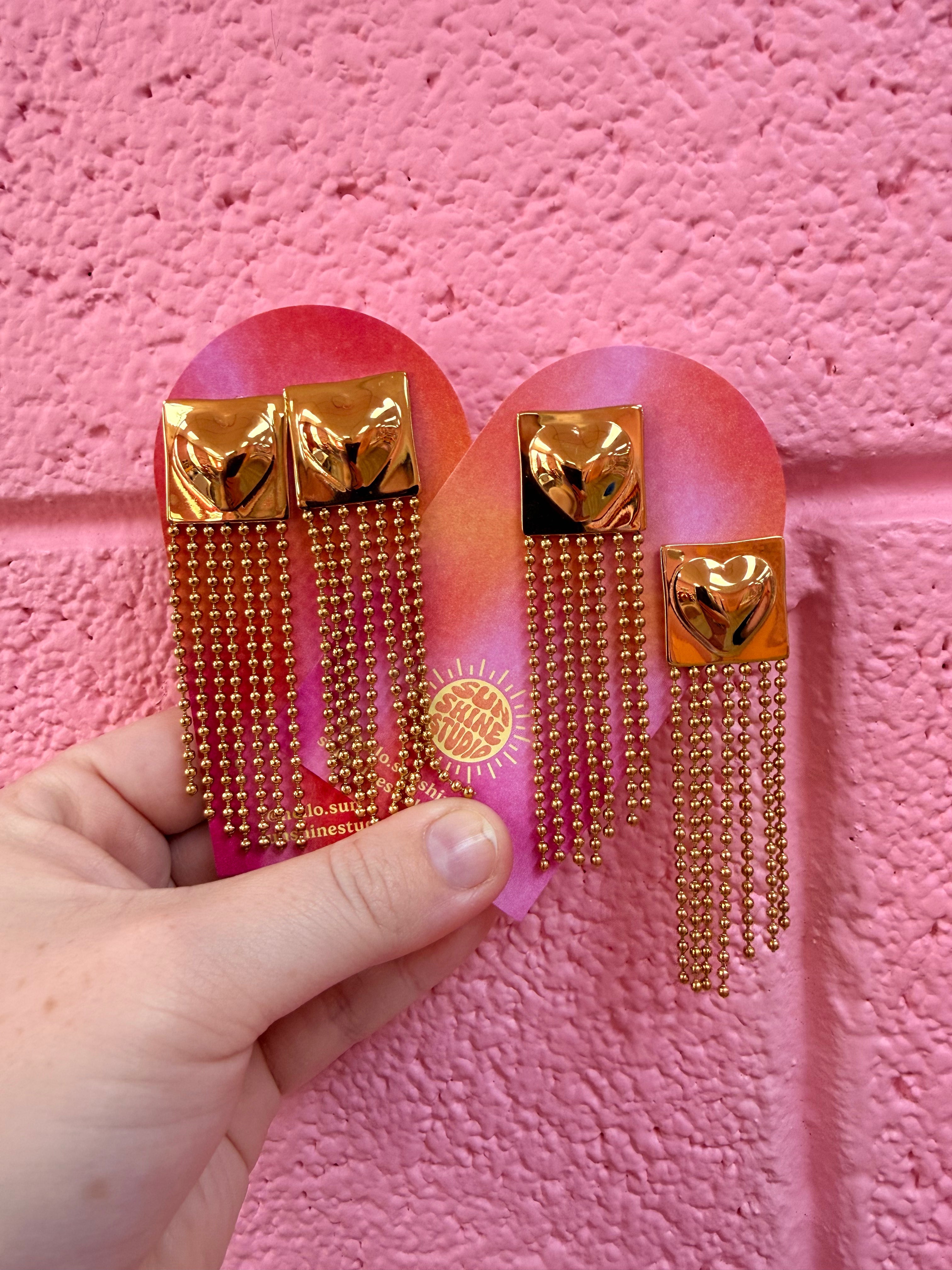 3D Heart in Square Tassel Earrings