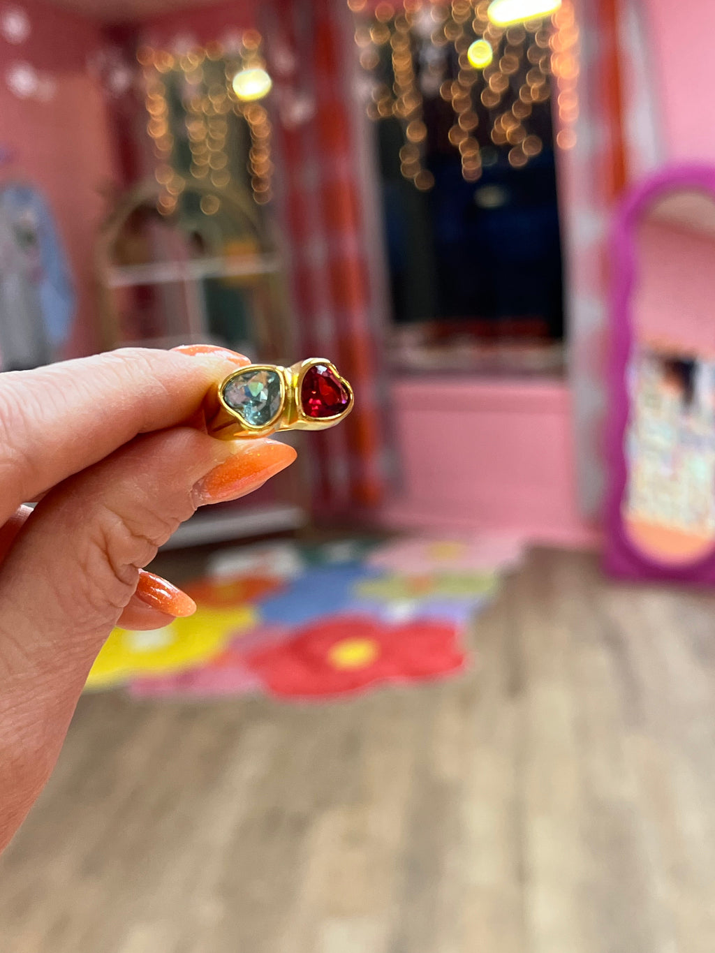 Double Heart Colorful Gem Titanium Ring