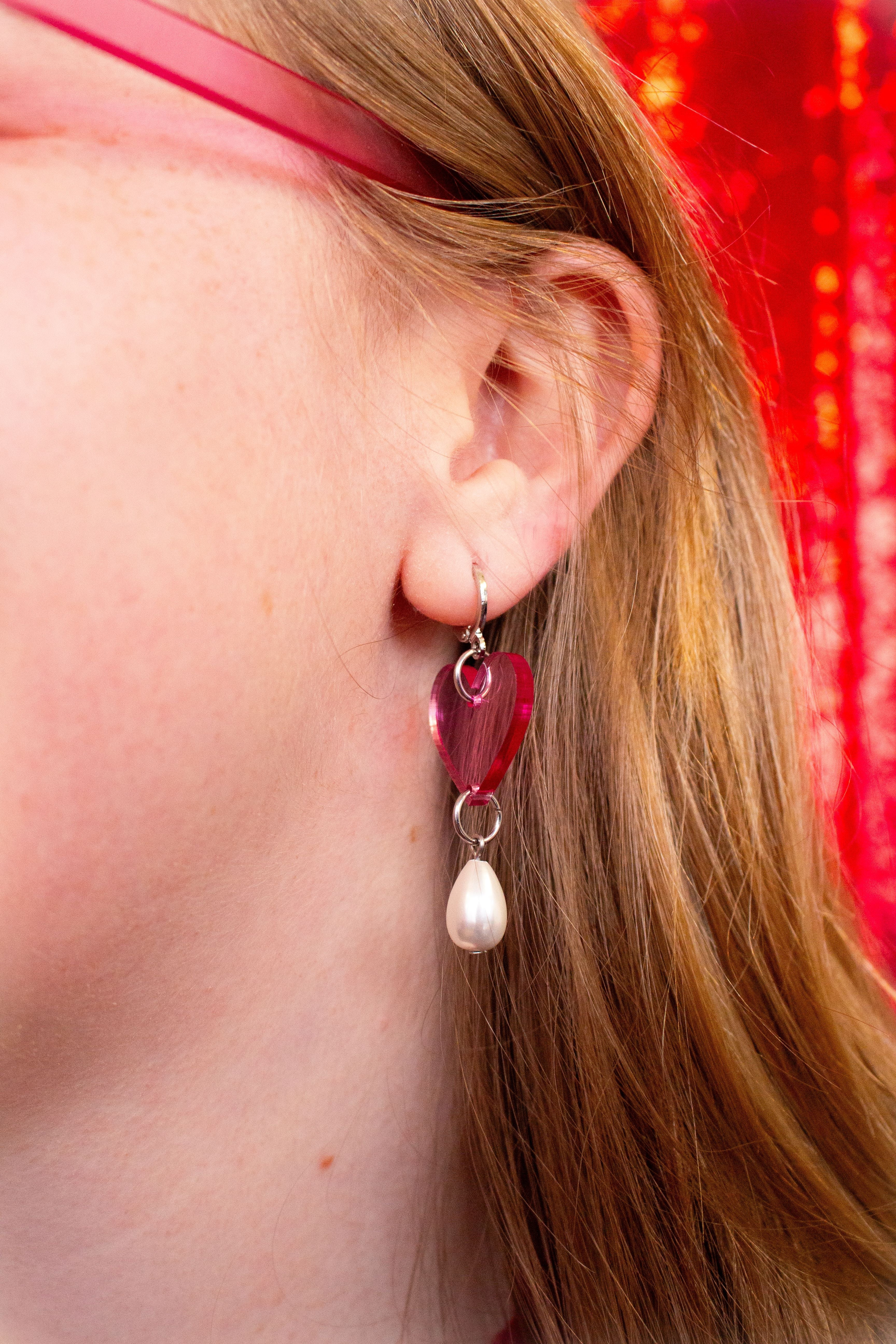 Acrylic Heart Pearl Drop Earrings