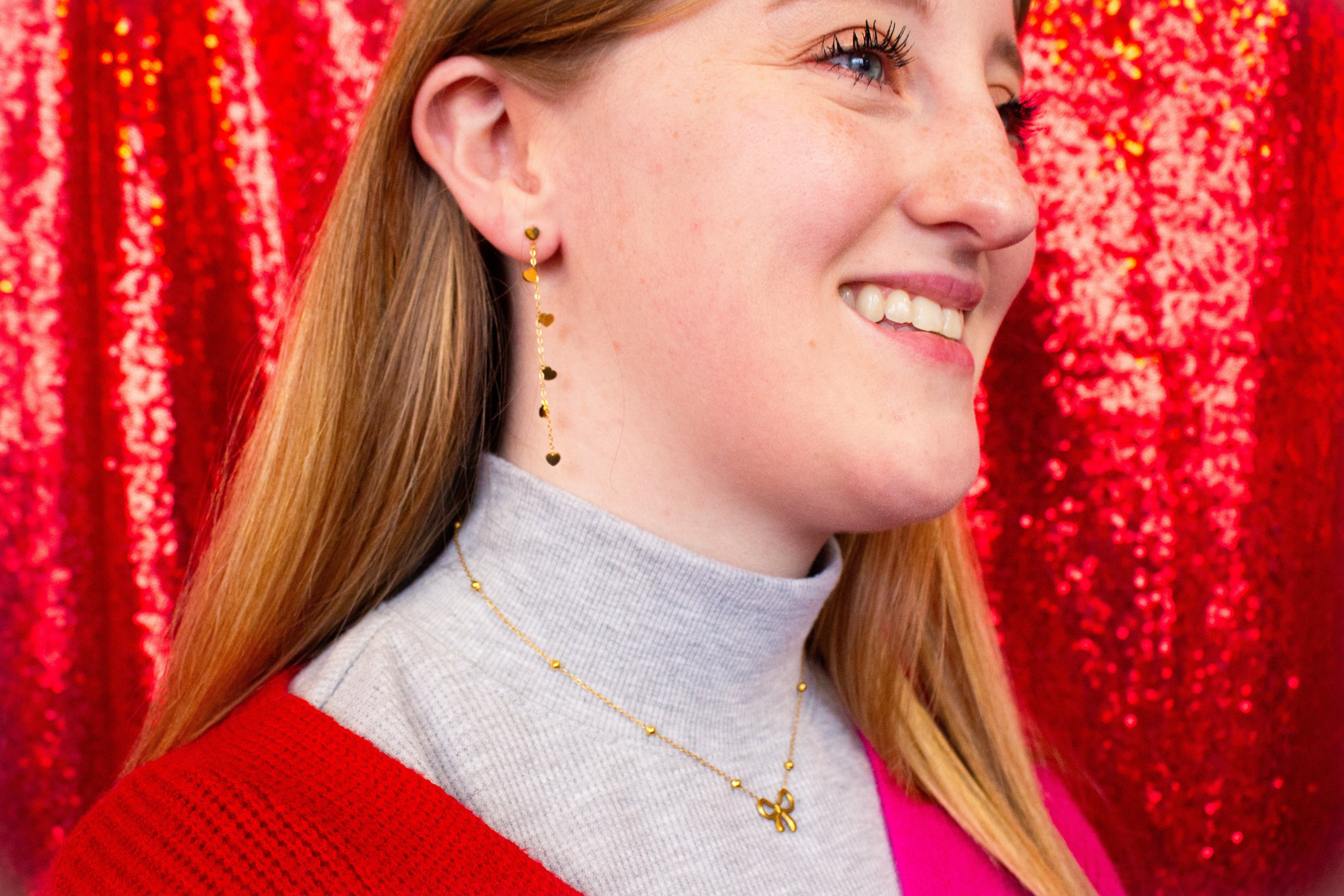 Single Thread of Gold Tied me to You-Heart Chain Earrings