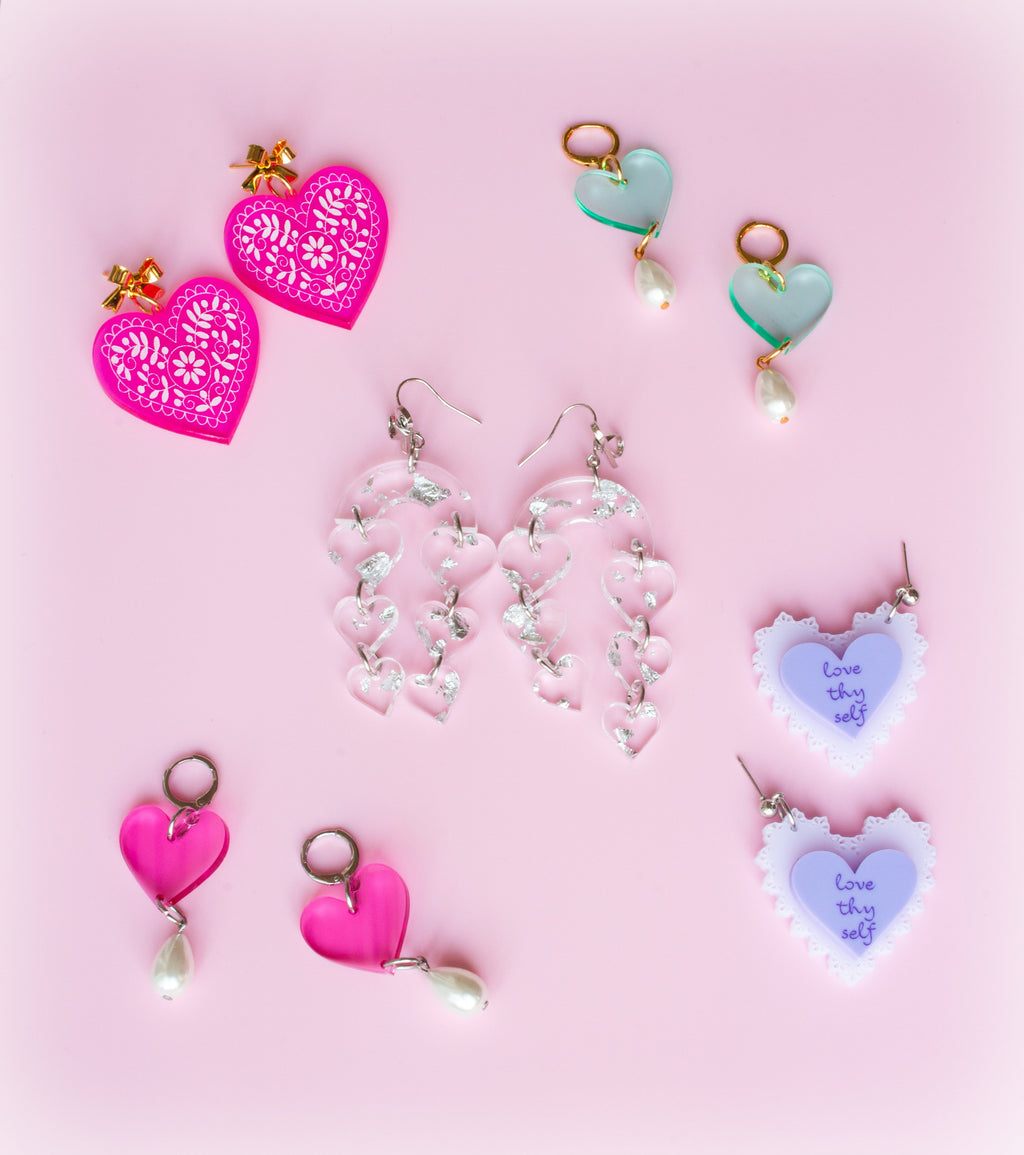 Acrylic Heart Pearl Drop Earrings