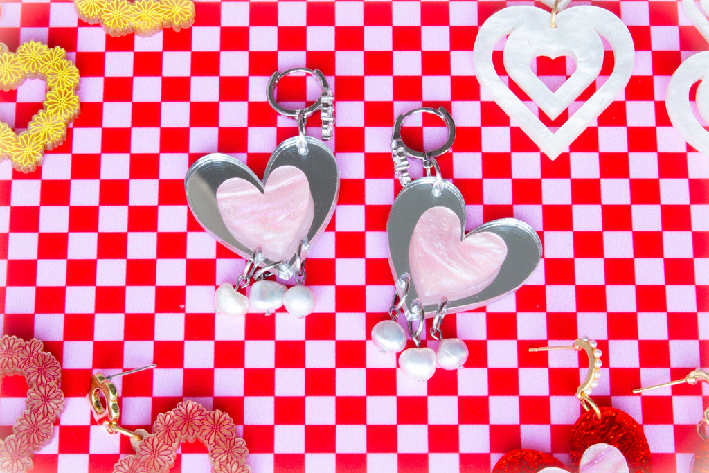Yours Truly-Heart Pearl Dangle Earrings