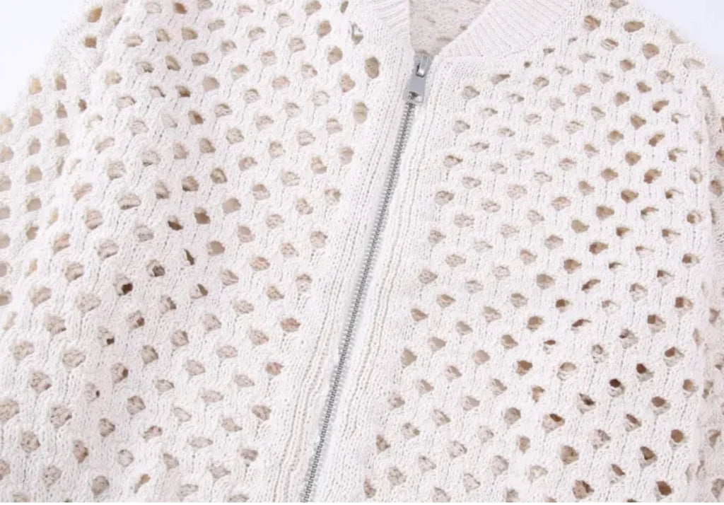 Open Knit Zip-Up Bomber Jacket
