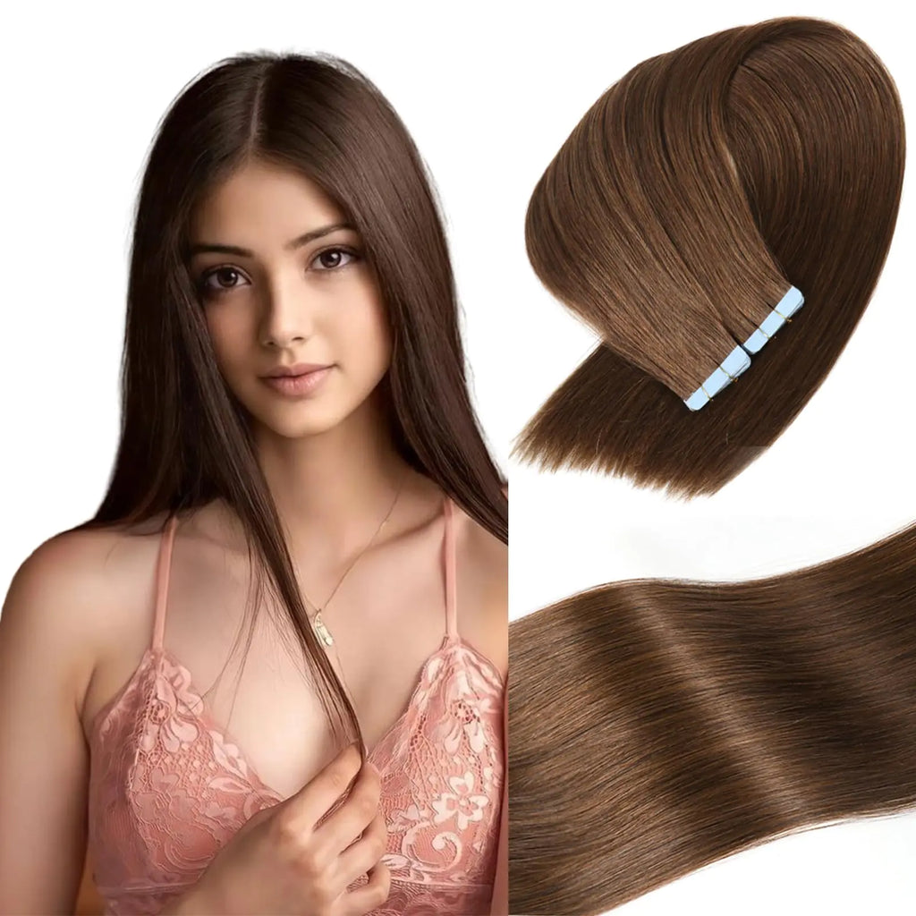 Tape in Hair Extensions Human Hair Double Weft Real Human Hair Extensions Seamless Straight Human Hair Extensions for Fashion Women(#418inch)