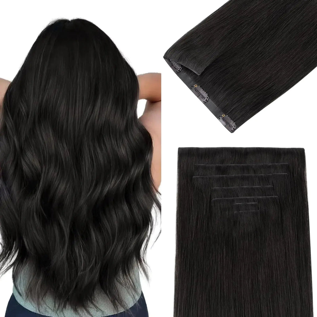 DOORES Clip in Hair Extensions Human Hair 16 inch 130g 7pcs Natural Black Virgin Human Hair Clip in Extensions Human Hair Extensions Invisi Edge Clip in Natural Hair Extensions