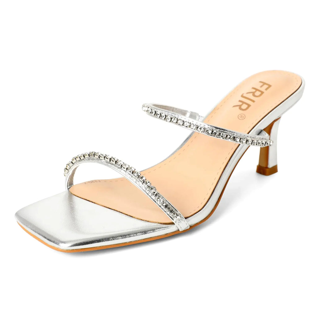FRJR Womens Dress Shoes Kitten Heel Rhinestones Open Toe Heels Square Toe Sandals Low Wedding Shoes Party Shoes Dress Shoes