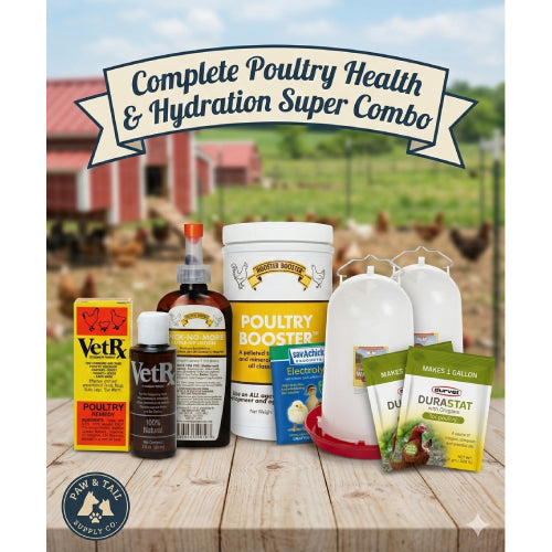 Complete Poultry Health & Hydration Super Bundle – 3 Gallon Drinkers + Vitamins + Oregano + Pick-No-More + VetRx