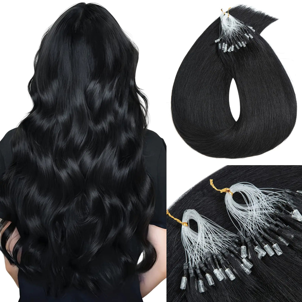 MY-LADY Microlink Hair Extensions Microbead Human Hair Extensions Jet Black 16 Inch Micro Loop Hair Extensions Real Human Hair Cold Fusion Extensions Micro Link #1