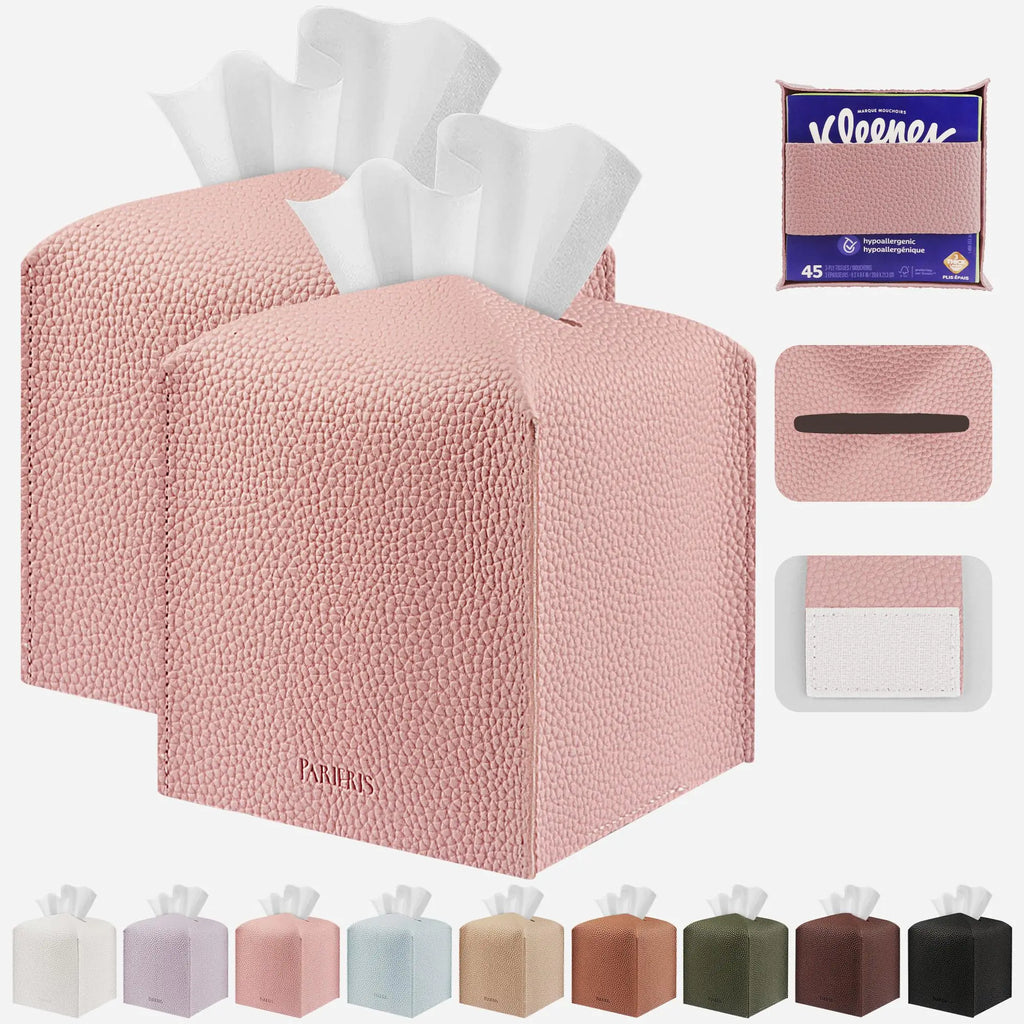 PARIERIS Tissue Box Cover Holder Square Tissue Cube Cover PU Leather Tissue Organizer with Bottom Belt for Bathroom Tabletop Car Night Stands Office Home Kitchen (2 Pink)