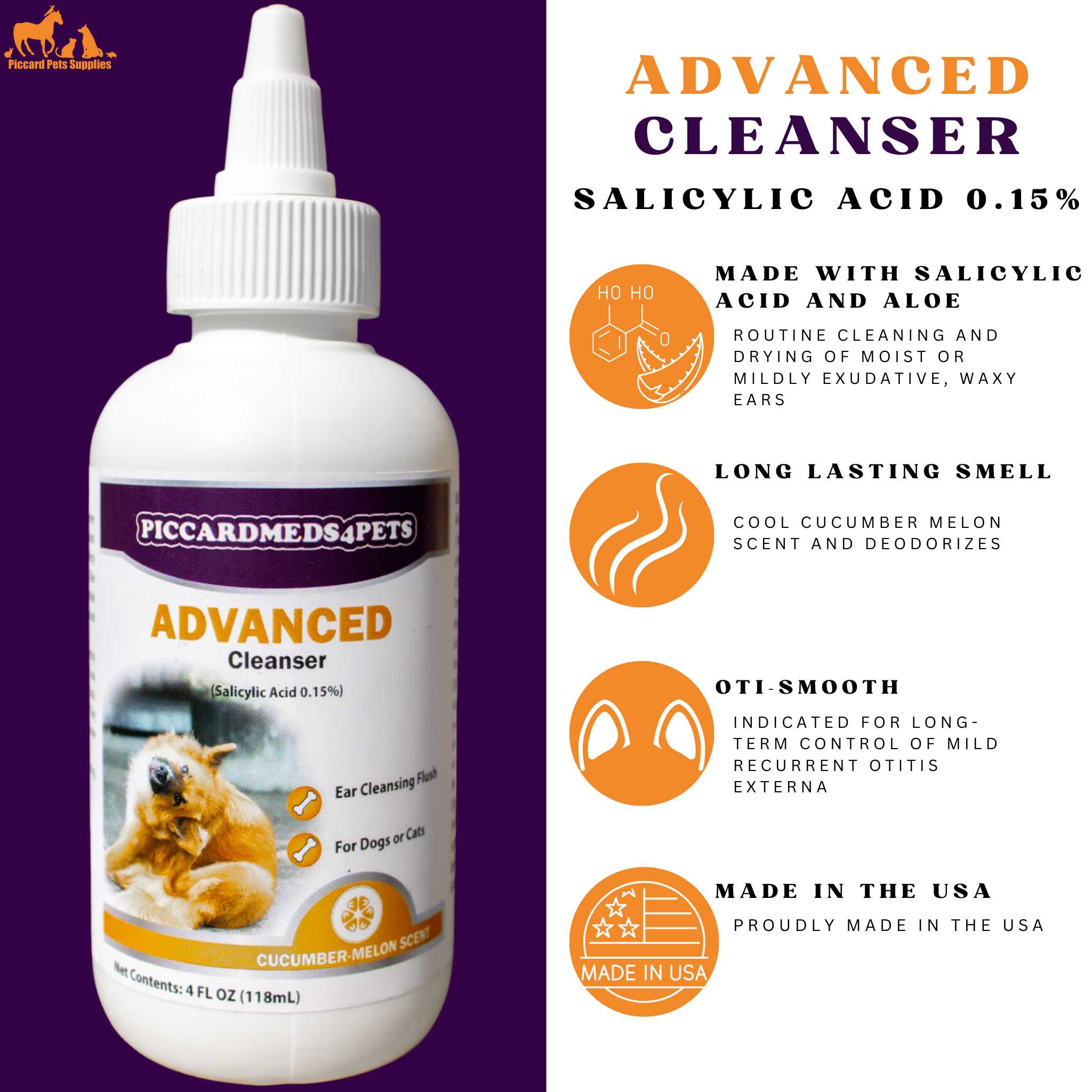 Piccardmeds4pets Advanced Ear Cleansing Solution 4oz Salicylic Acid Aloe Dogs Cats + FREE Bandana!