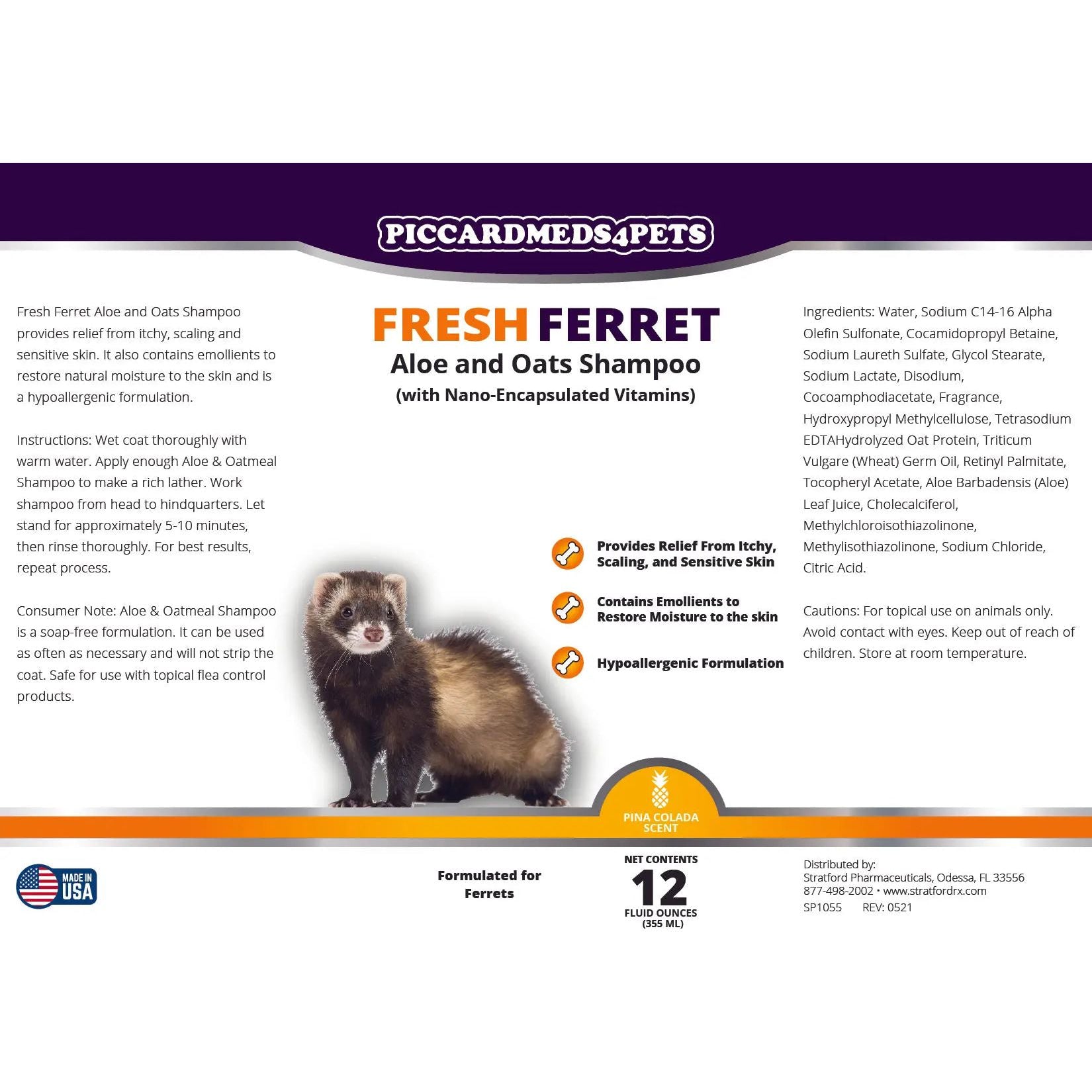 Piccardmeds4pets Fresh Ferret Aloe and Oats Shampoo 12 oz.