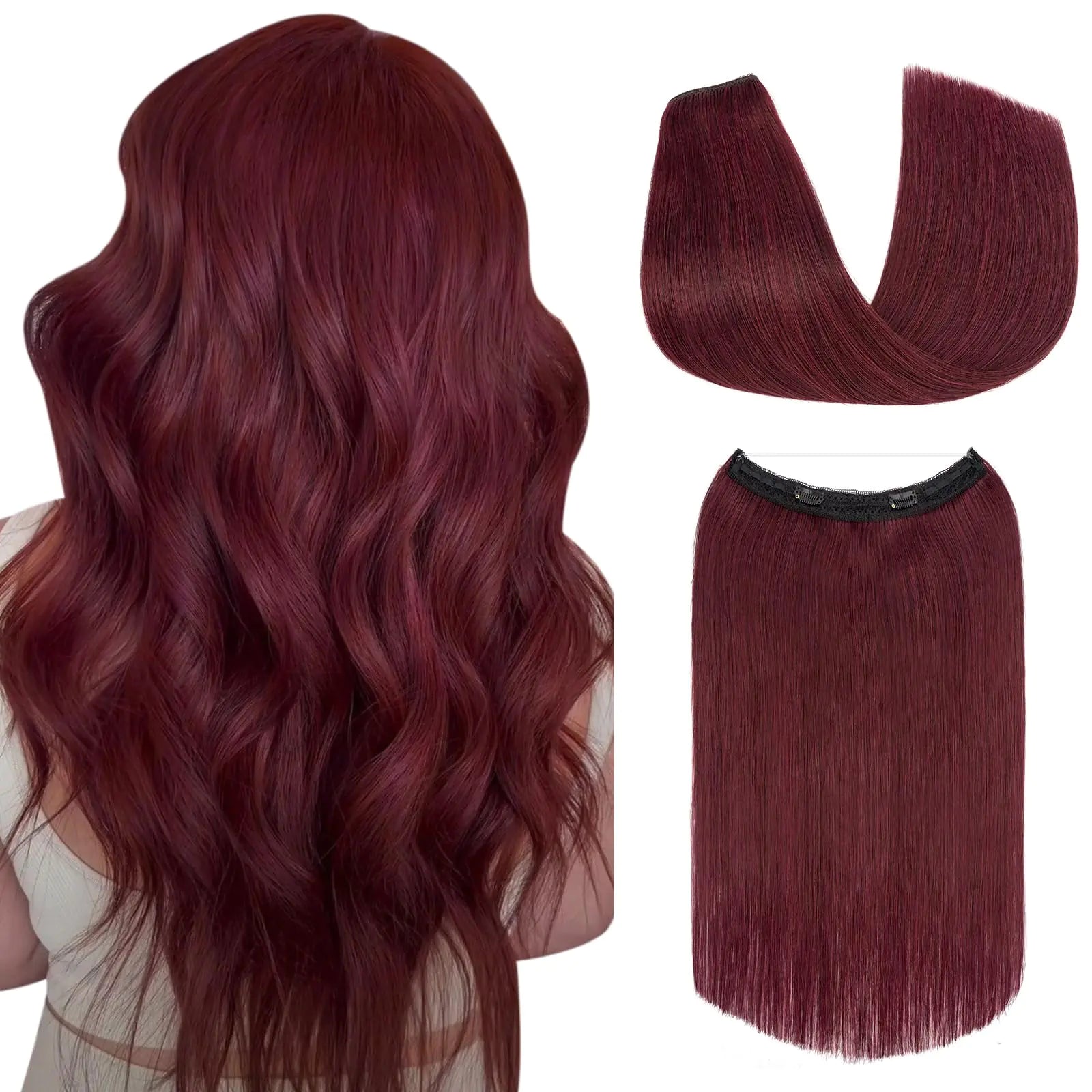 Halo Hair Extensions Real Human Hair S-noilite Hair Halo Extensions for Women 16inch Wine Red Halo Hair Extensions Invisible Wire Hair Extensions with Adjustable Fish Line