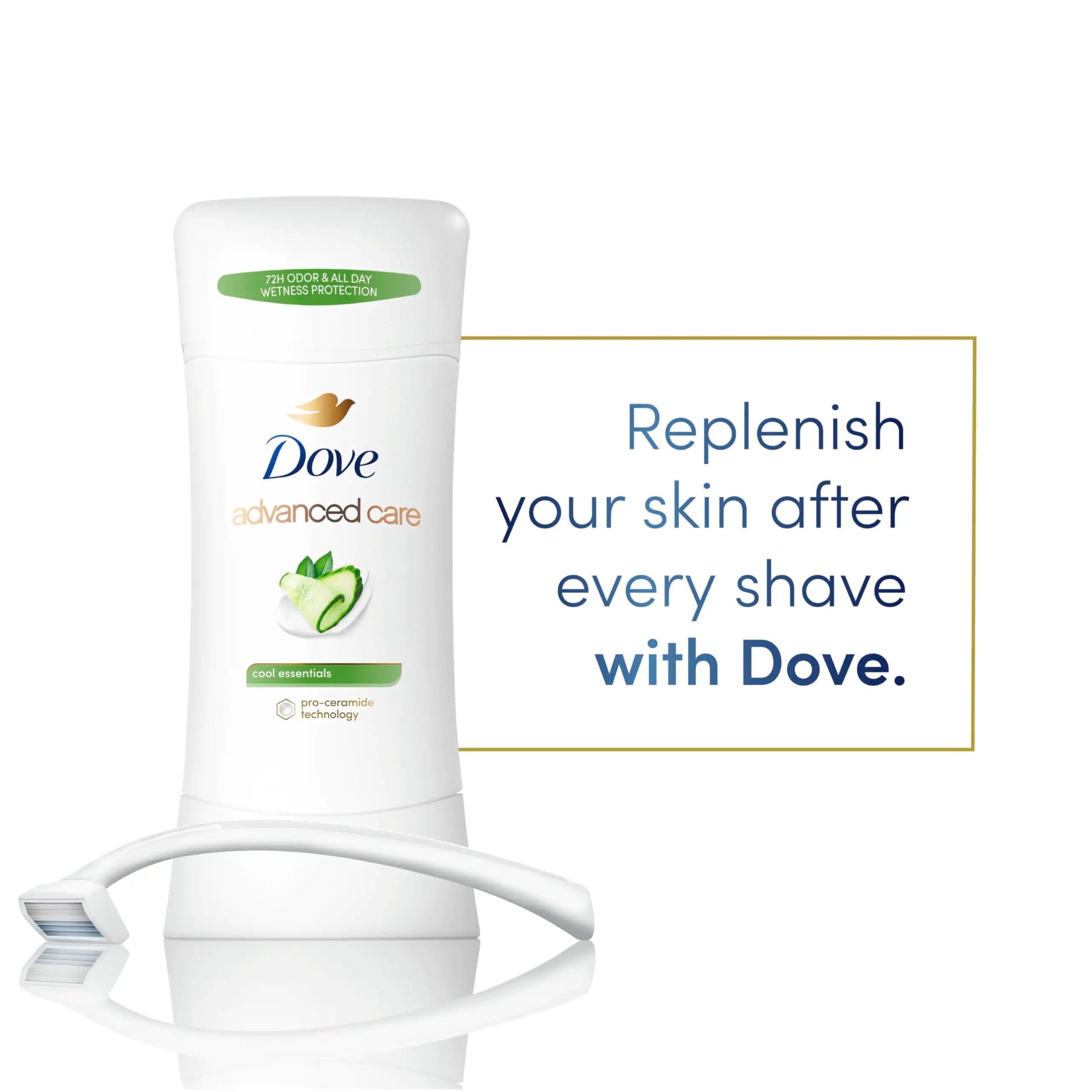 Dove Advanced Care Antiperspirant Deodorant Stick Cool Essentials 4 ct for helping your skin barrier repair after shaving 72 hour odor control and sweat protection with Pro Ceramide Technology 2.6 oz 2.6 Ounce (Pack of 4)