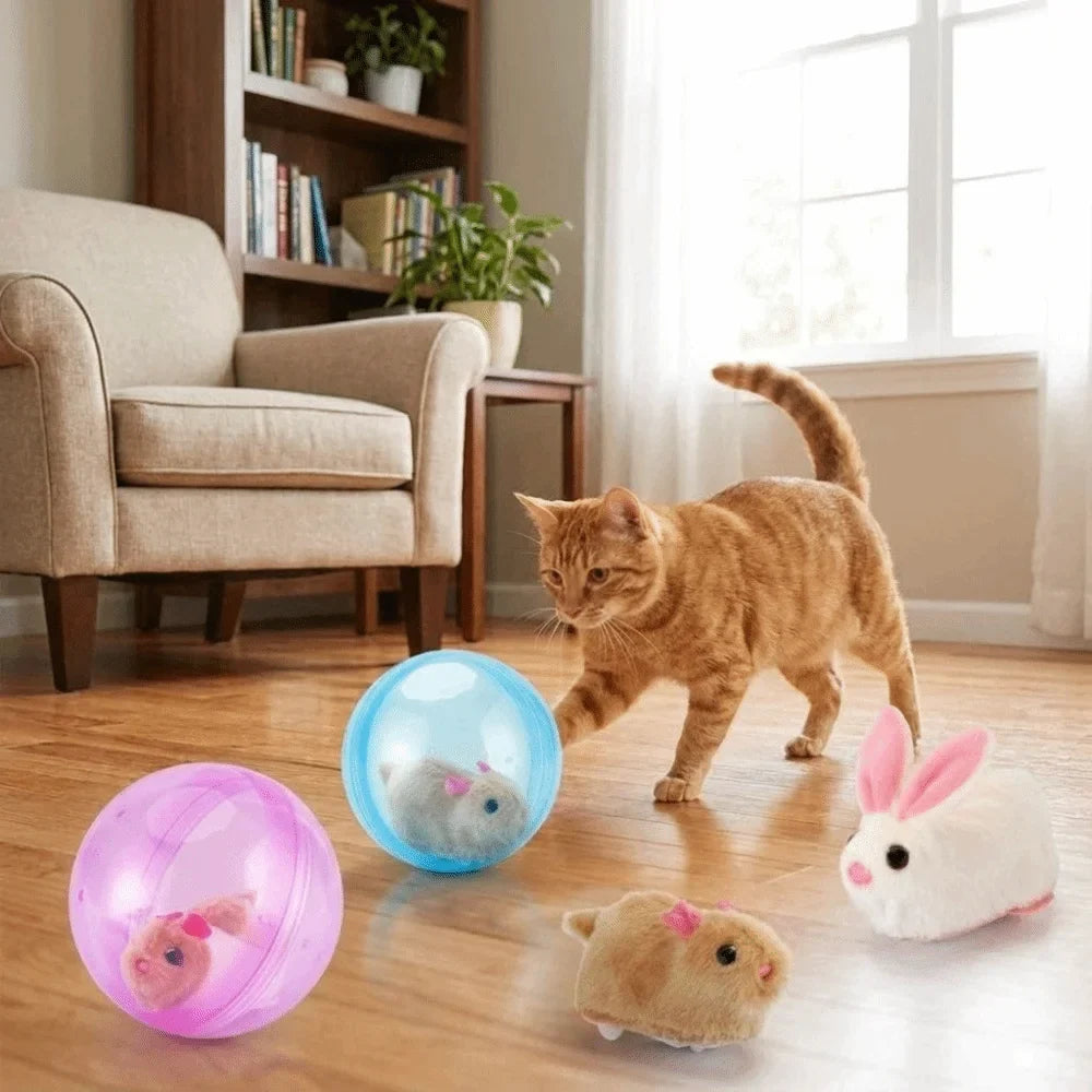 Transparent Cat Chasing Ball Built-in Plush Animal Plastic Interactive Cat Toy Realistic Rabbit Hamster Chasing Ball