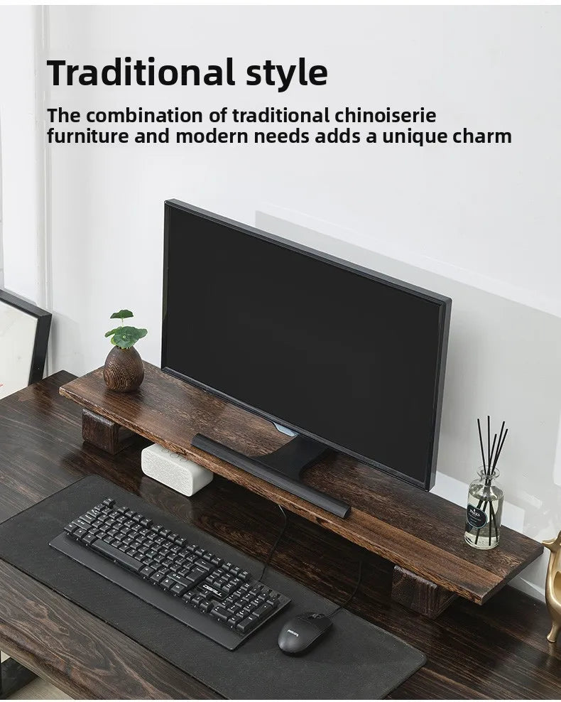 Solid Wood Monitor Stand Ergonomic Desktop Riser for Computer Screen Office Desk Organizer Natural Wooden Shelf & Laptop Stand