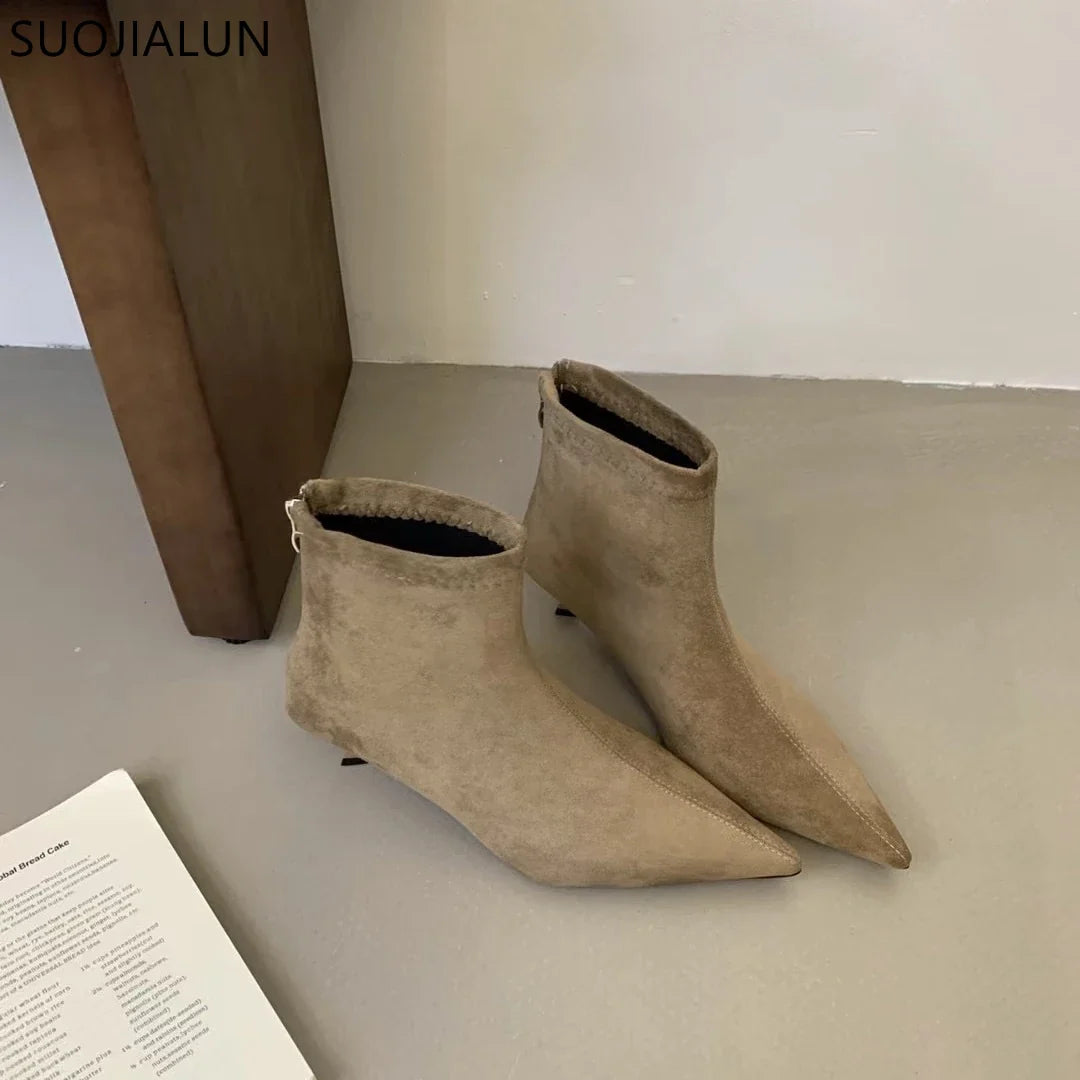 SUOJIALUN 2024 Winter New Brand Women Short Boots Fashion Pointed Toe Ladies Elegant Ankle Boots Thin High Heel Dress Pumps Shoe