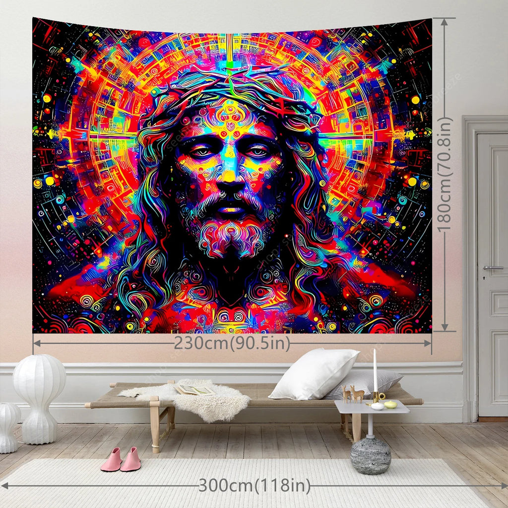 Jesus UV Reactive Wall Tapestry Psychedelic Geometric Neon Background for Bedroom Aesthetic Sofa Blanket Yoga Mat Home Decor