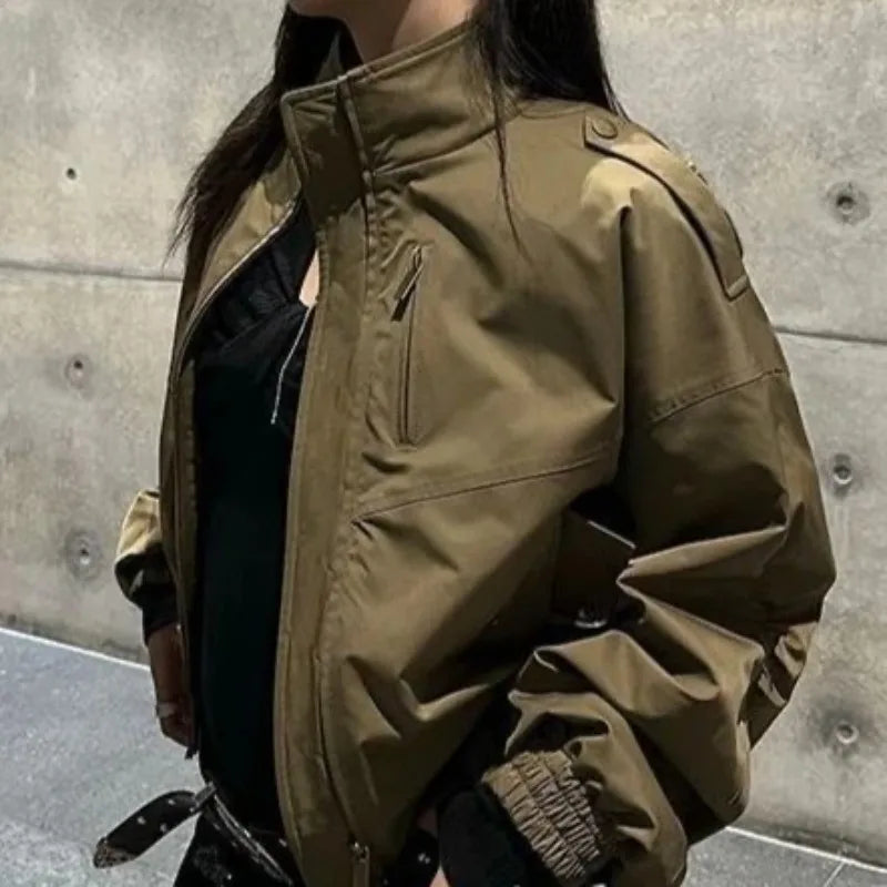 Vintage Cropped Jackets Women Harajuku Casual Slim Fit Zipper Coat Y2K Streetwear Long Sleeve Outerwear Autumn New Arrival
