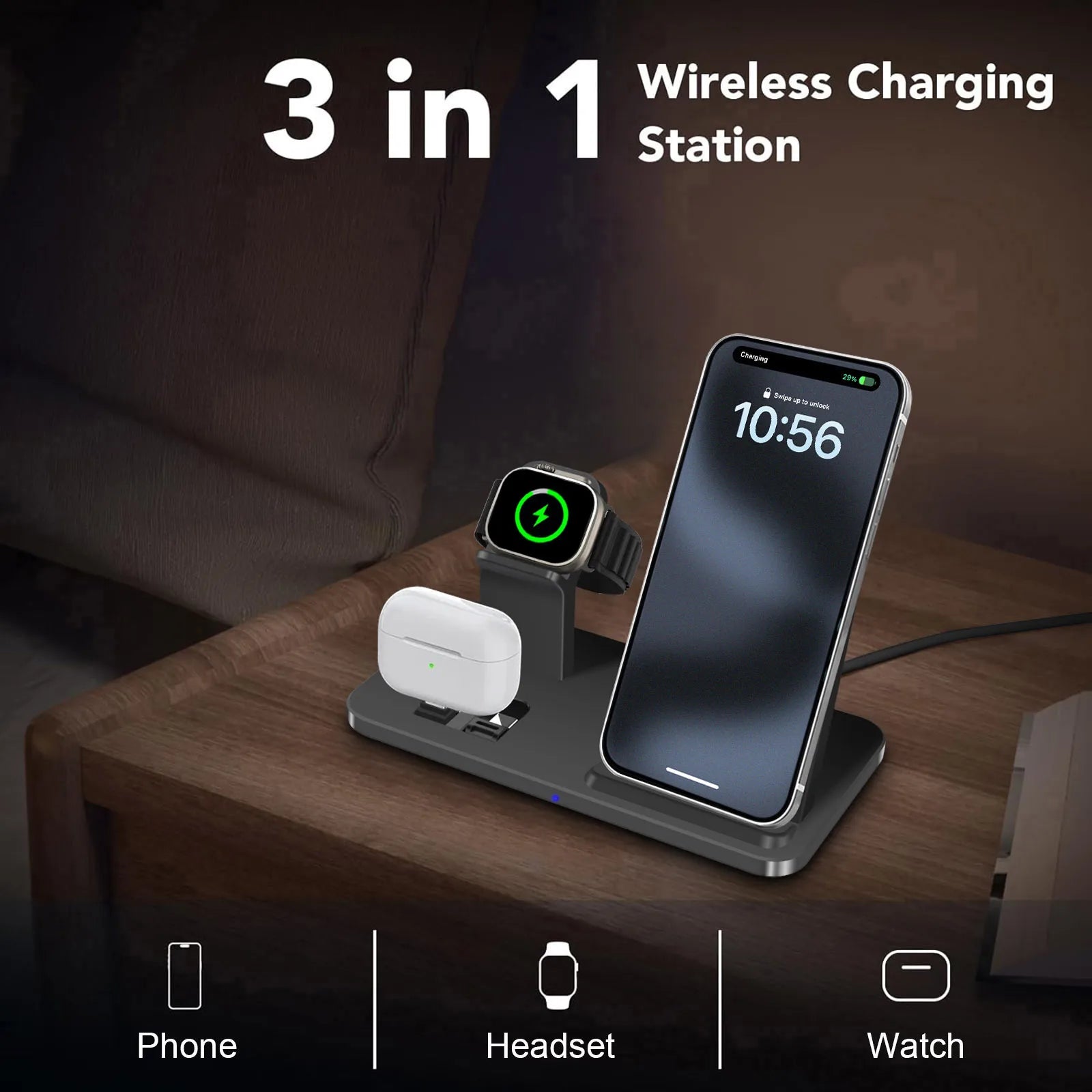 3 In 1 Wireless Charger Stand Pad for iPhone 16 15 14 13 12 Pro Max Airpods Pro 2 3 iWatch 10 9 8 7 6 Fast Charging Dock Station