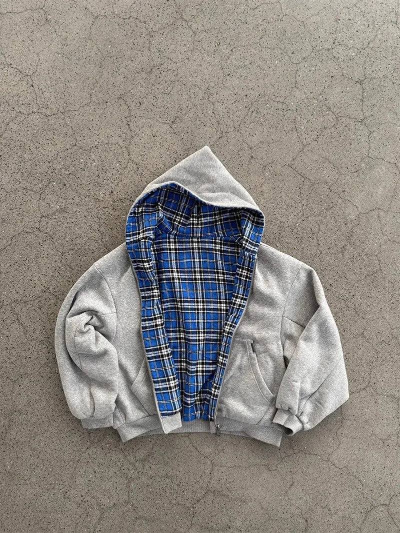Oversized Reversible Hoodies Men Street Casual Spring Clothes Hoodie with Plaid Lining Solid Color Sweatshirt Streetwear