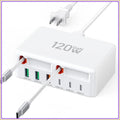 120W GaN USB C Charger Block, 8-in-1 Retractable Travel Charging Station Hub with Lightening & Type C Cable, for iPhone iPad Galaxy