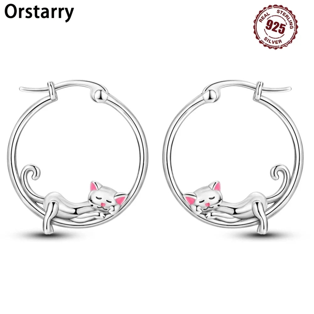 925 Sterling Silver Cute Lazy Cat Animal Pet Earrings Jewelry Hoop Earrings For Women Jewelry Birthday Party Fine Gifts
