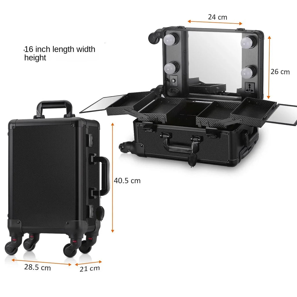 Professional Makeup Case for Makeup Artist Suitcase 16" Makeup Bag Trolley Mirror Lights Cosmetics Storage Box Rolling Luggage