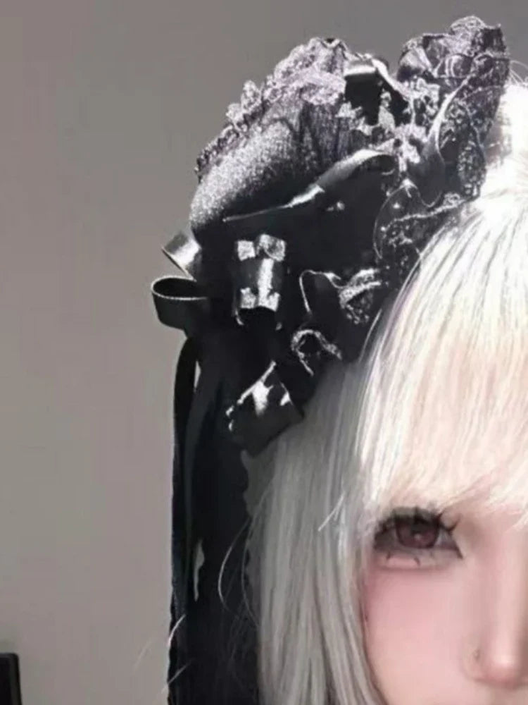 Gothic Lolita Lace Patchwork Headdress Women Cosplay Party Headband Gothic Bow Hat Japanese Y2k Aesthetic Hair Accessories