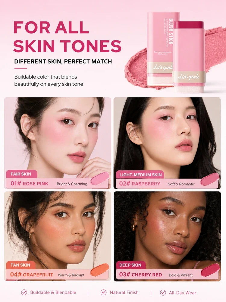 3-in-1 Cream Blush Stick Cheeks Lips Eyes, Long Lasting Waterproof Blendable Dewy Glow Makeup Stick for All Skin Tones