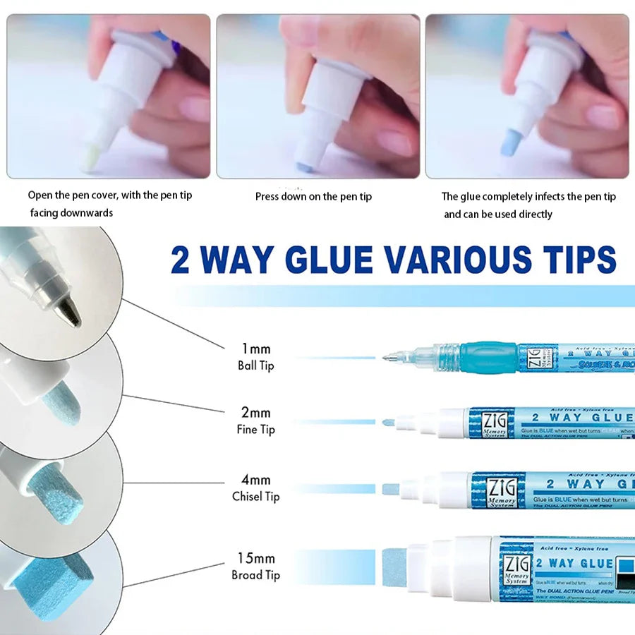 Japan Kuretake Zig 2 Way Glue Pen(1mm/2mm/4mm/15mm) , Adhesive for Professional,Artists, Crafting, Scrapbooking, Gift Card