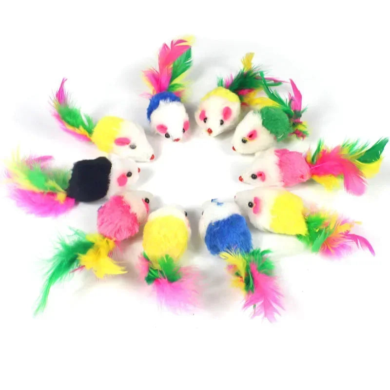 Interactive Cat Toy Realistic Mouse Shape with Rabbit Fur Feathers for Kitten Indoor Play Exercise Hunting Training