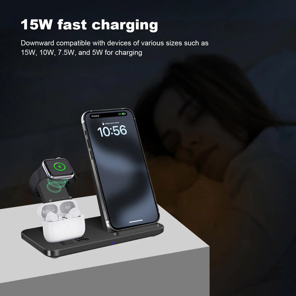 3 In 1 Wireless Charger Stand Pad for iPhone 16 15 14 13 12 Pro Max Airpods Pro 2 3 iWatch 10 9 8 7 6 Fast Charging Dock Station