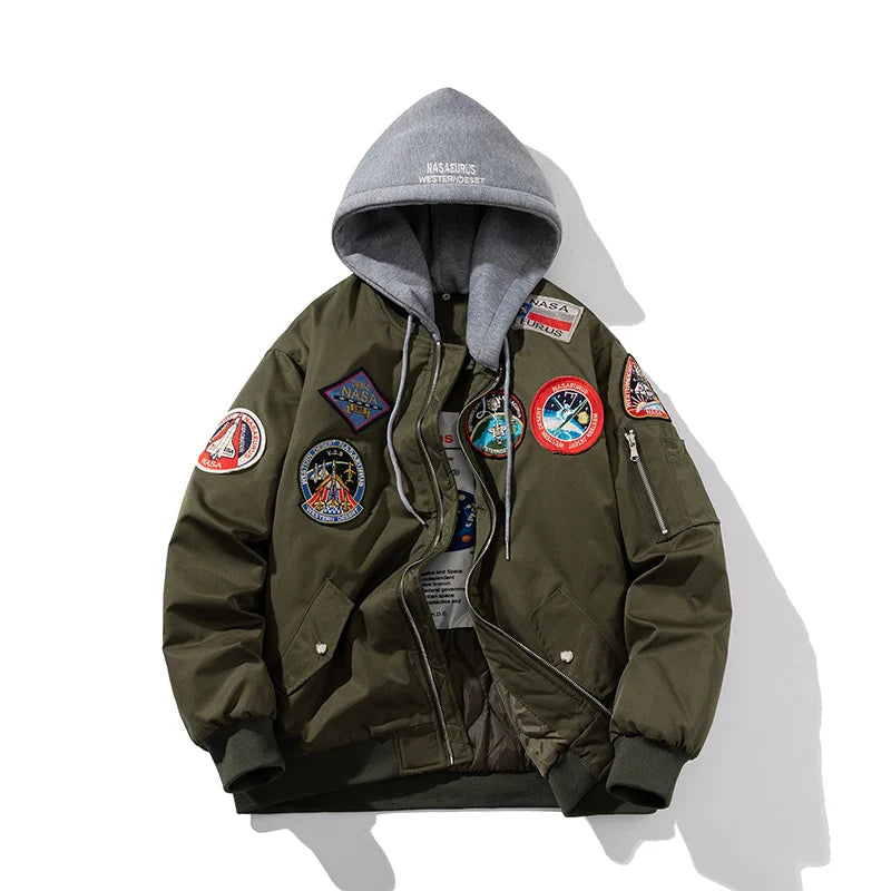 Autumn Winter Vintage Bomber Jacket Man Pilot Jacket Mens Military Letter American Thicken Coat Hooded Parkas Streetwear