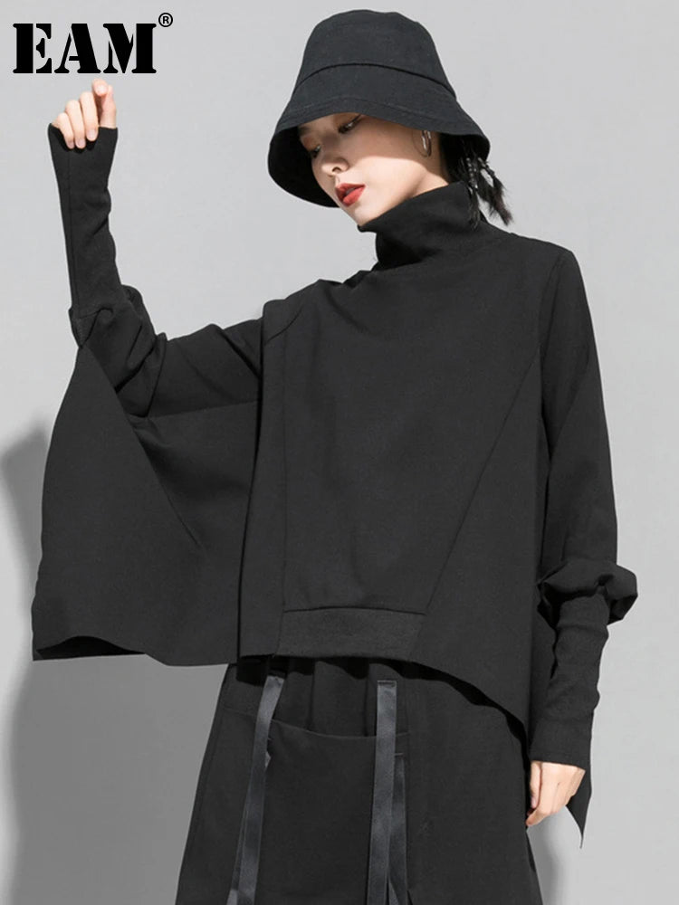 [EAM] Loose Fit Black Asymmetrical Big Size Sweatshirt New Turtleneck Long Sleeve Women Big Size Fashion Tide Spring 2026 OA869