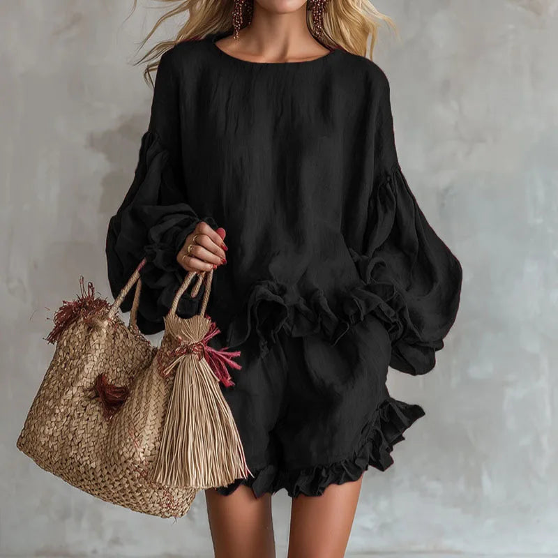 Bohemian Casual Vacation Outfits Woman Elegant O Neck Ruffle Hem Top And Beach Shorts Set Spring Solid Loose Fit Streetwear Suit