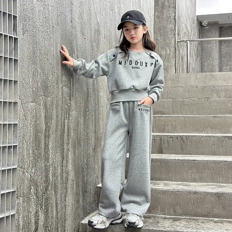 2025 teenager Gray girls Sport Suit winter spring Clothes Long Sleeve sweatshirt & wide leg Pant Casual 4 8 10 11 12 Years