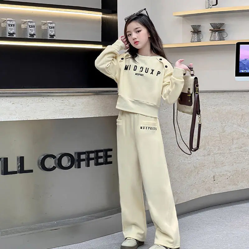 2025 teenager Gray girls Sport Suit winter spring Clothes Long Sleeve sweatshirt & wide leg Pant Casual 4 8 10 11 12 Years