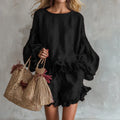 Women's Fashion Loose Lantern Sleeve Top & Ruffled Shorts Two-piece Set for Spring and Summer