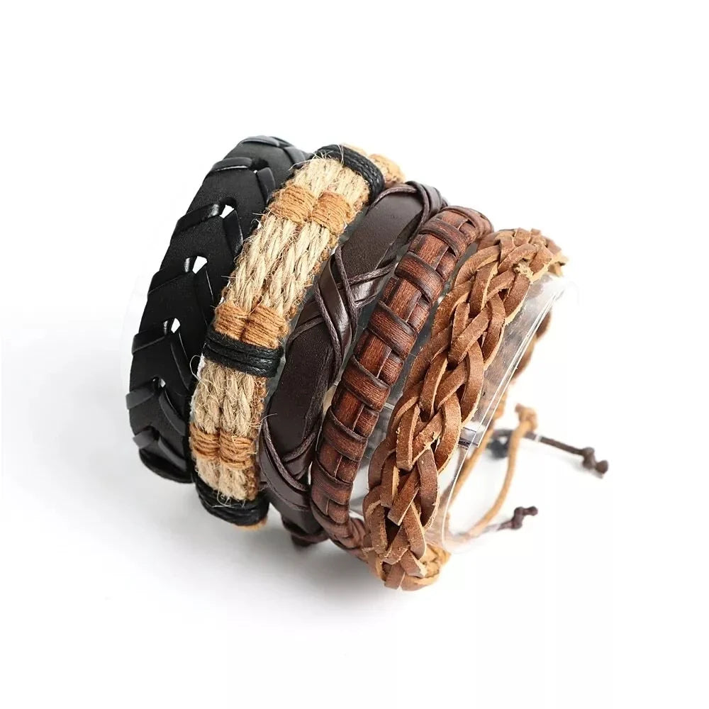 20Pcs Braided Leather Bracelets for Men Women Wrap Wood Beads Cuff Bracelet Hemp Cords Ethnic Tribal Handmade Wrap Wristband Bra