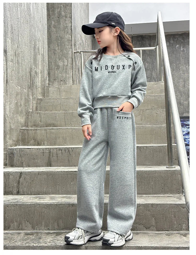 2025 teenager Gray girls Sport Suit winter spring Clothes Long Sleeve sweatshirt & wide leg Pant Casual 4 8 10 11 12 Years