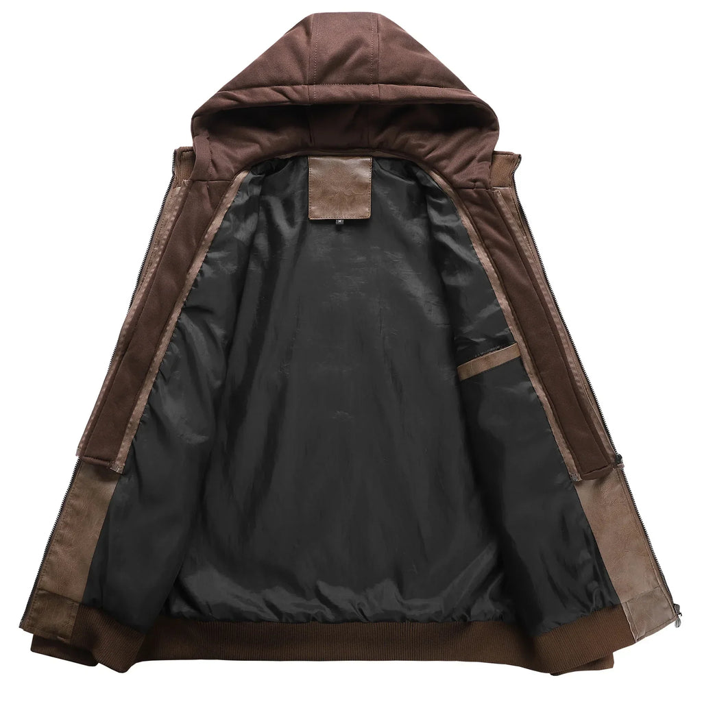 US Size Luxury Quality PU Jacket Men New Winter Faux Two-Piece Hooded Leather Jacket Casual Coat