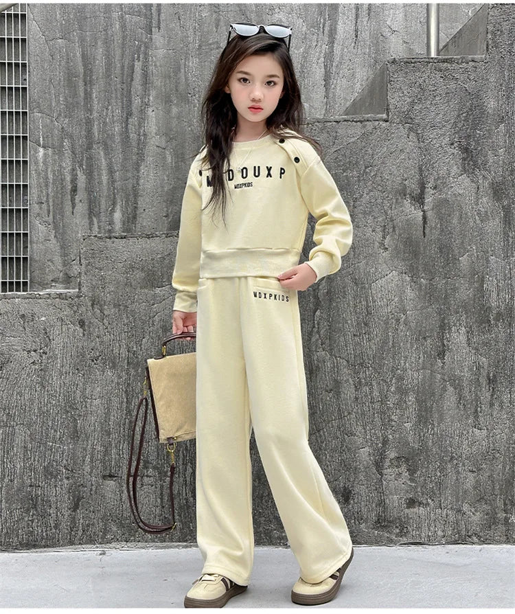 2025 teenager Gray girls Sport Suit winter spring Clothes Long Sleeve sweatshirt & wide leg Pant Casual 4 8 10 11 12 Years
