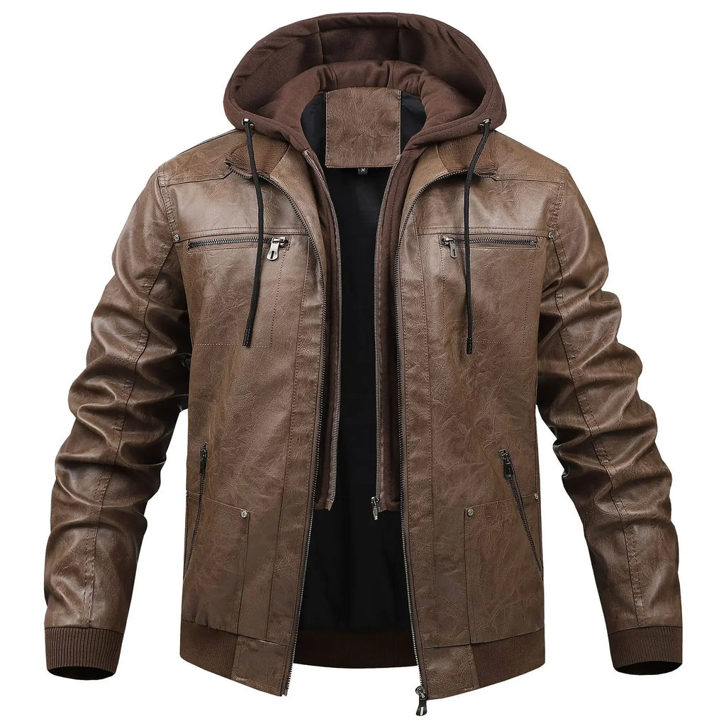 US Size Luxury Quality PU Jacket Men New Winter Faux Two-Piece Hooded Leather Jacket Casual Coat