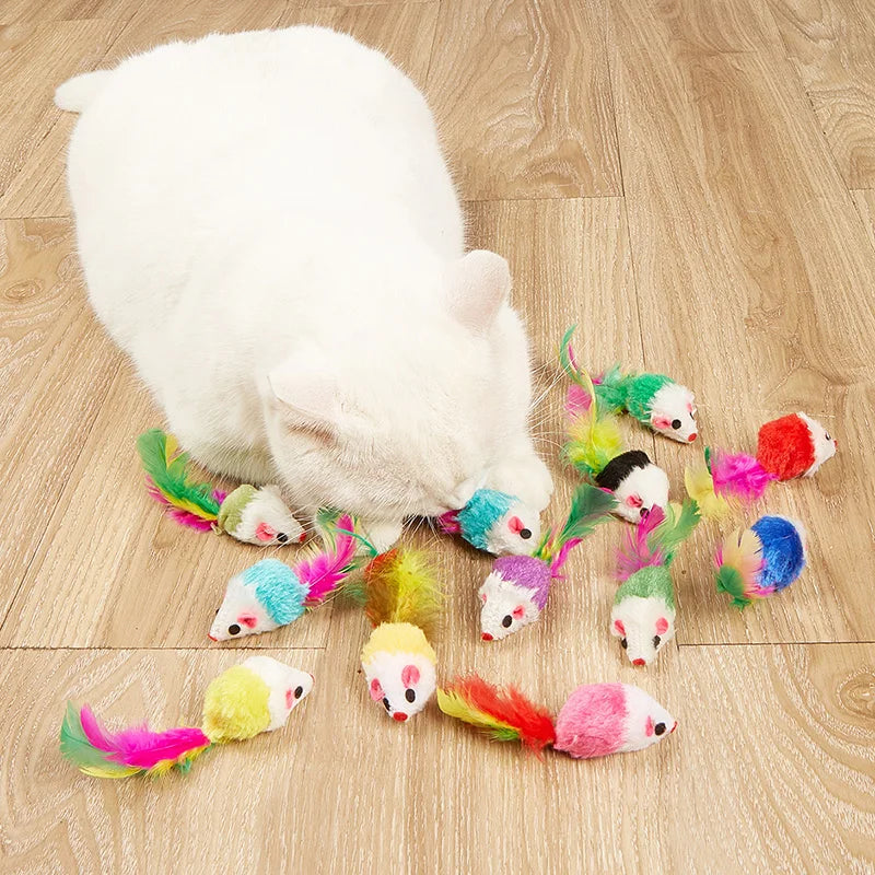 Interactive Cat Toy Realistic Mouse Shape with Rabbit Fur Feathers for Kitten Indoor Play Exercise Hunting Training