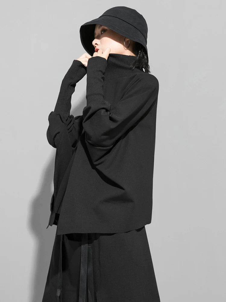 [EAM] Loose Fit Black Asymmetrical Big Size Sweatshirt New Turtleneck Long Sleeve Women Big Size Fashion Tide Spring 2026 OA869