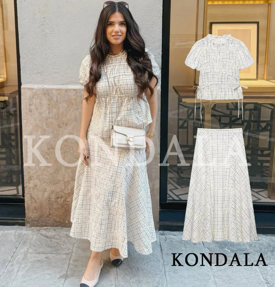 KONDALA Chic Embroidery Plaid Skirt Set Women Trendy 2026 Spring Summer Holidays Casual Set Puff Sleeve Shirts, A-Line Skirts