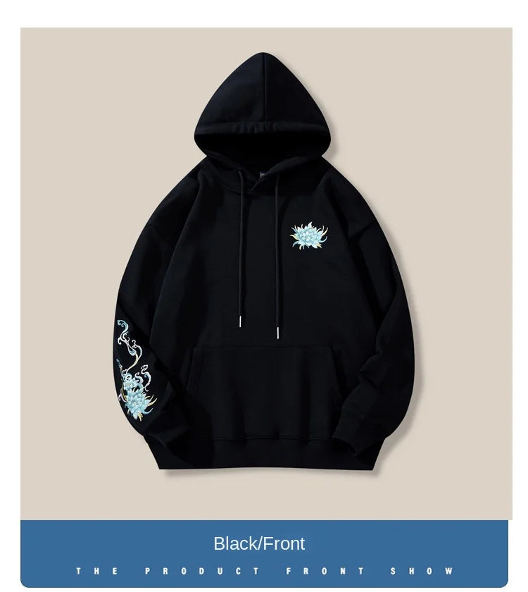 Vintage Hoodies Men Dragon Embroidery Hoodies Women Hip Hop Hooded Sweatshirt Chinese Streetwear Hoody Cotton Fleece Pullover