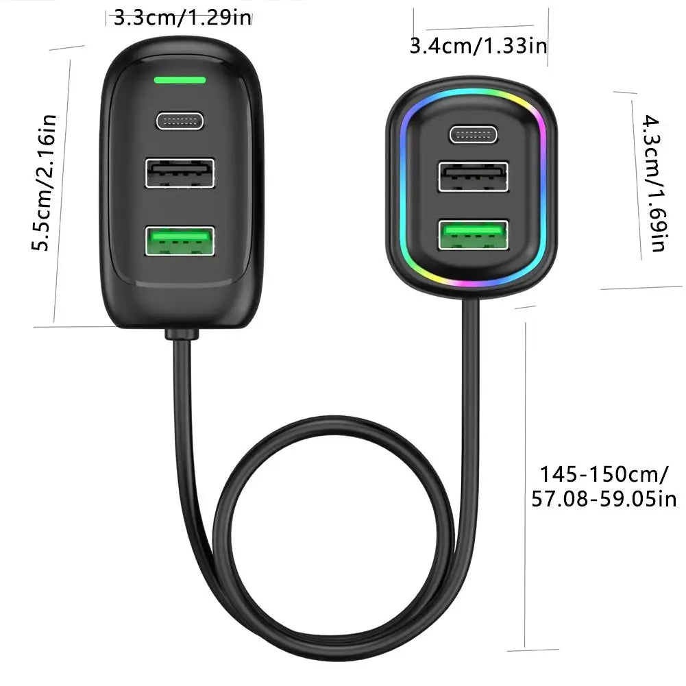 6-Ports USB Type-C Front And Rear Extension Car Charger With RGB Light PD Fast Charging Power Adapter For Iphone Tablet