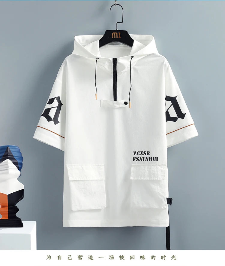 2 Pcs/Set Men Tracksuit Short Sleeve Hoodies+Pants Hooded Elastic Waist Summer Hip Hop Sweatshirt Sweatpants Loose Set