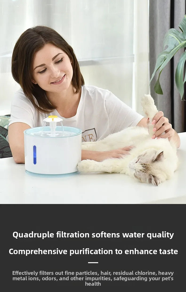 Pet Water Fountain Quiet Pump Visible Water Level 4-Layer Filter Flower Nozzle Cat Dispenser Drinking Bowl Cats Small Dogs Home